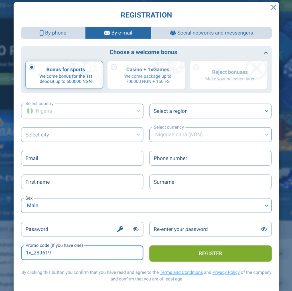 e-mail registration process on 1xbet.ng