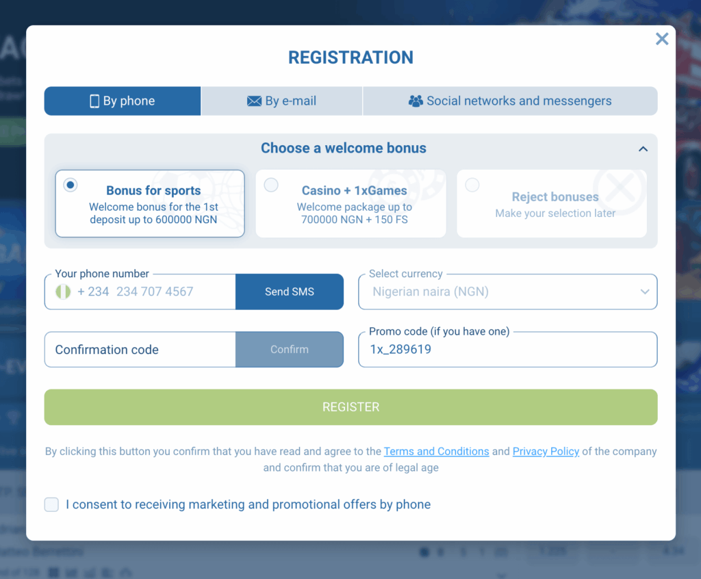 registration by phone on 1xbet Nigeria