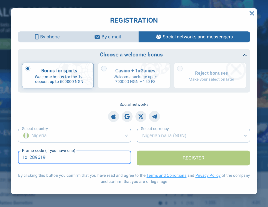 social networks and messangers registration on 1xbet